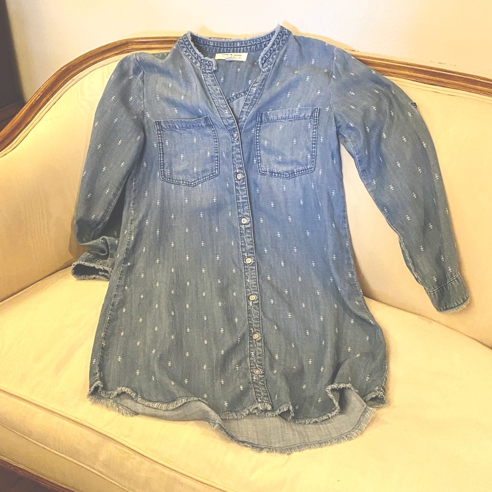 Cloth & Stone Anthropologie Washed Denim Shirt Dress Sz S, Button Front Hi Low